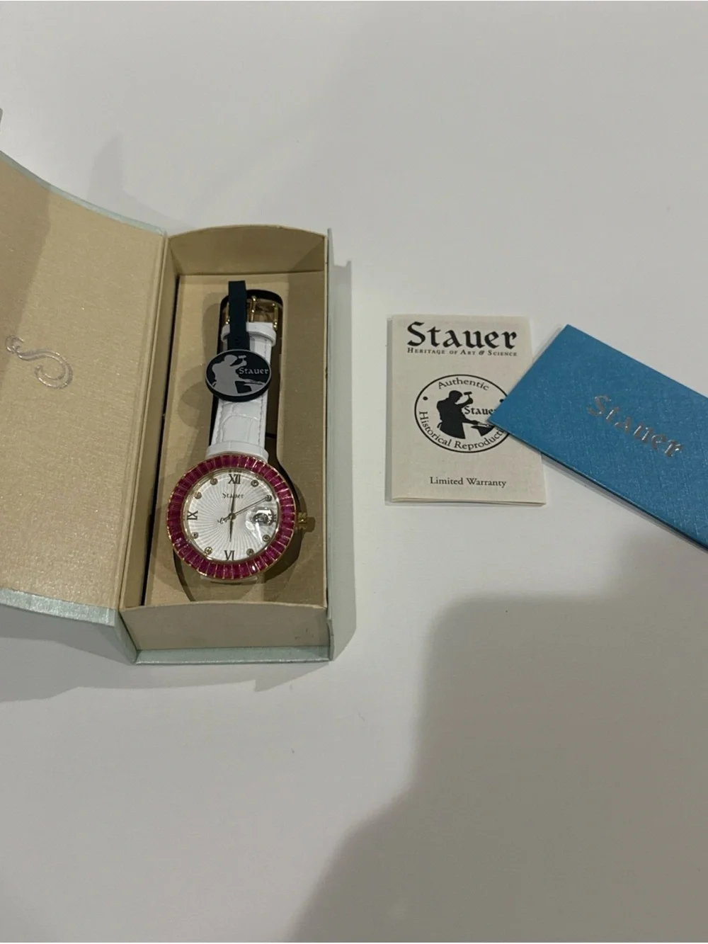 Stauer Womens Pink Baguette Accent Round White Leather Band Watch